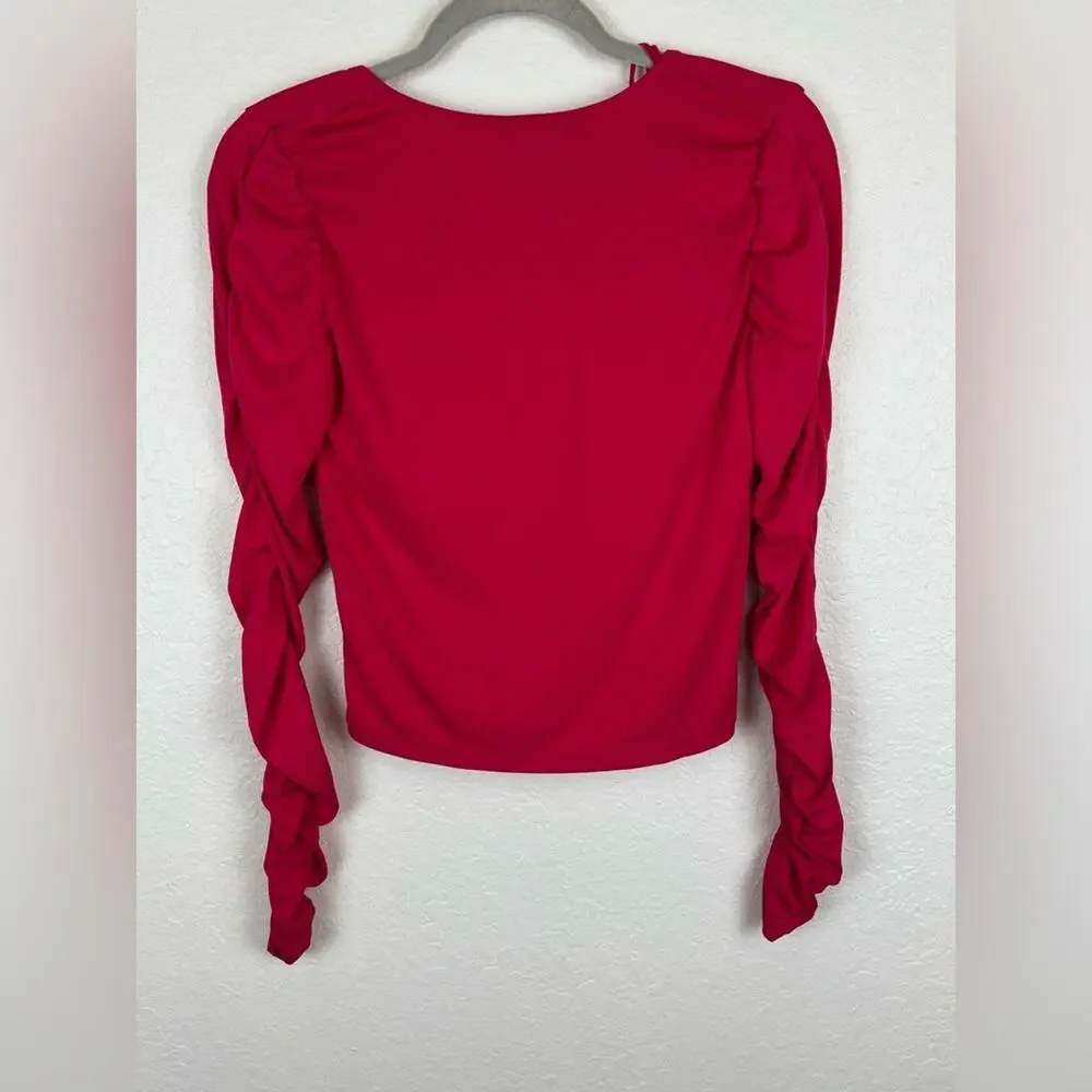 NWT Zara Ruched Hot Pink Fitted Cropped Ruched Long Sleeve Blouse Top Size Large - Picture 8 of 10
